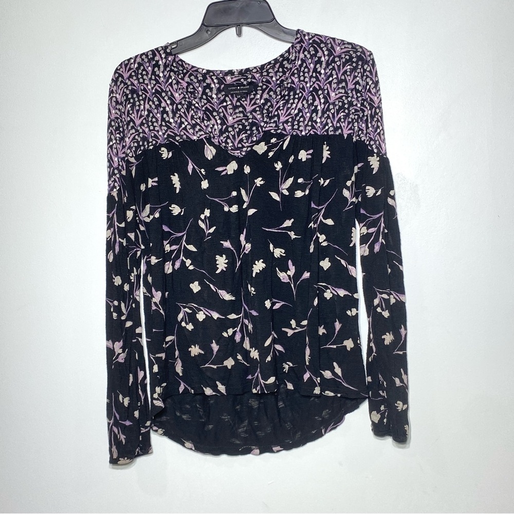 Lucky Brand Floral Blouse Womens S/P Purple Black Long Sleeve V Neck Casual Top